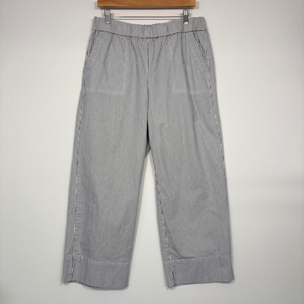 Talbots Women Pants L Blue White Striped Pull-On Crop Wide Leg Coastal Nautical